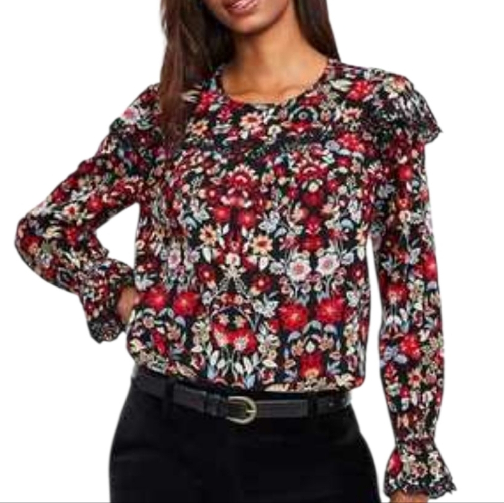 LOFT Longsleeve Cap Ruffle Accent Black, Tan, Red, Blue Floral Peasant Blouse